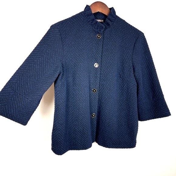 J McLaughlin Jacket Womens Medium Navy Black Button Up Texture 3/4 Sleeve Ruffle - Picture 4 of 8